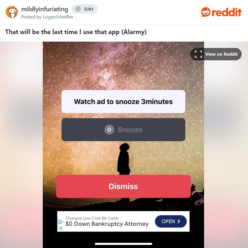 Reddit post showing Alarmy offering an ad to users for more snooze time