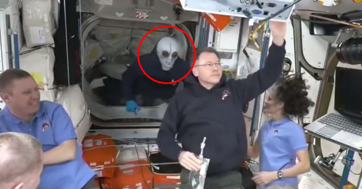 After docking with the ISS, the latest crew visiting the orbital outpost were greeted by a cosmonaut wearing an alien mask.