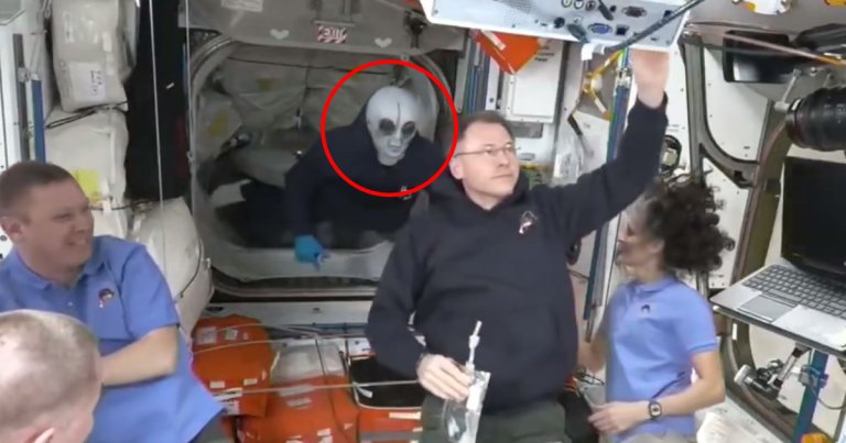After docking with the ISS, the latest crew visiting the orbital outpost were greeted by a cosmonaut wearing an alien mask.