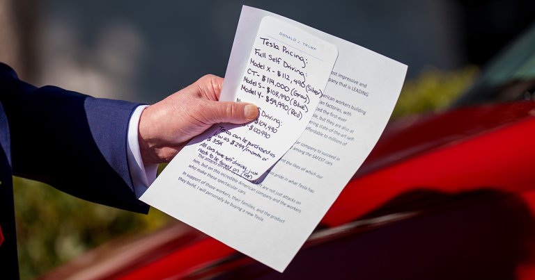 A photo clearly shows Donald Trump's speech notes, which read like a blatant sales pitch for Elon Musk's Tesla.
