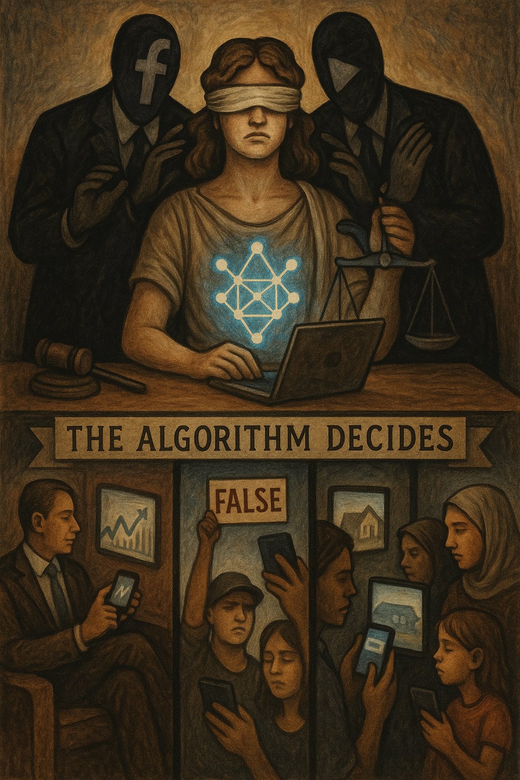 A blindfolded woman, meant to represent justice, sits at a desk while robots hover in the background. Below her on a banner read the words "the algorithm decides" in all caps, and beneath that, a triptych of a man in a suit looking at financial charts and holding a phone, a person holding a protest sign that says "false" while holding a smartphone in their other hand, and a sad-looking family with a matriarch in a hijab look at photos of houses.