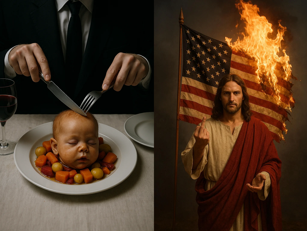Two AI-generated images, one showing a baby's head on a plate and another showing Jesus flipping the bird in front of a burning American flag