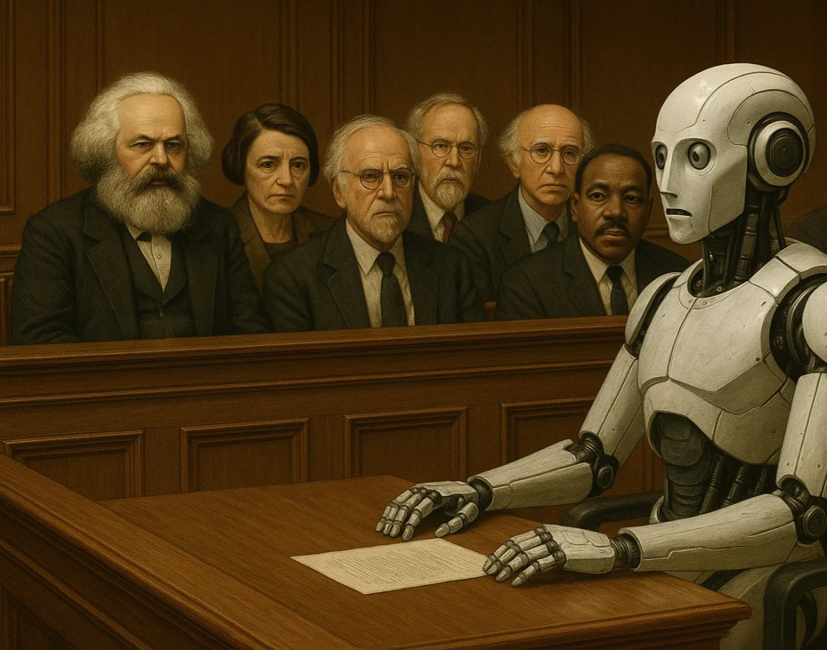 A ChatGPT-generated image of a robot, in the right foreground, sitting trial. Behind it sit six scowling jurors, including Karl Marx, Ayn Rand, Martin Luther King, Jr., and Larry David.