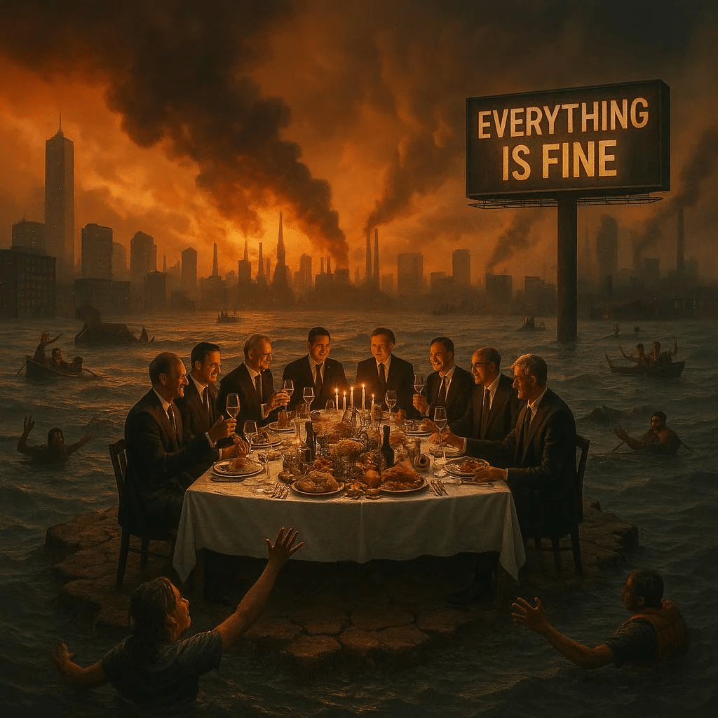 ChatGPT-generated image of businessmen feasting while the world burns. A large sign above them says "everything is fine"