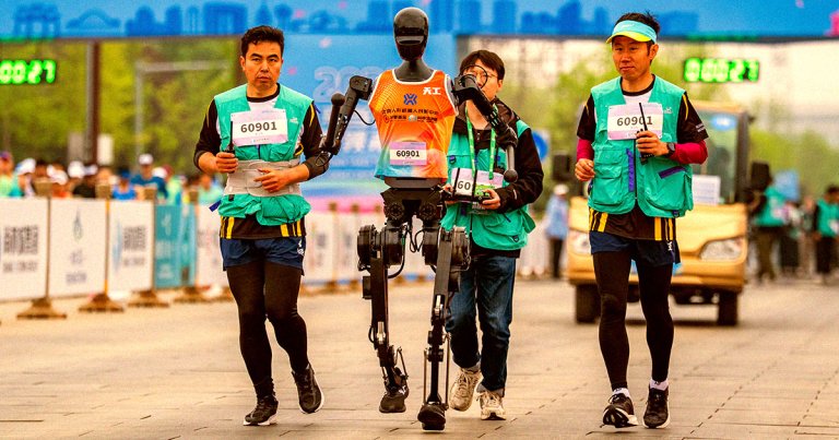 A half marathon foot race in Beijing saw thousands of humanoid robots running right alongside their flesh-and-blood counterparts.