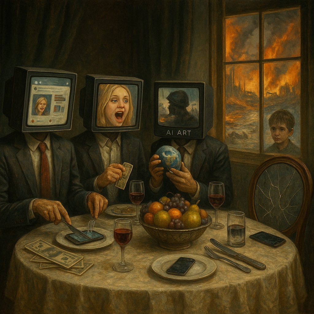 Three humanoid figures with television heads are sitting at a table. One is eating a phone. Their heads depict a web page, a woman's face, and a soldier (his TV head is labeled "AI art." One of them is cutting into a smartphone with a fork and knife. The table also has wine glasses, money, a bowl of fruit, and more smart phones. A boy looks in the window from outside, where the world is on fire.