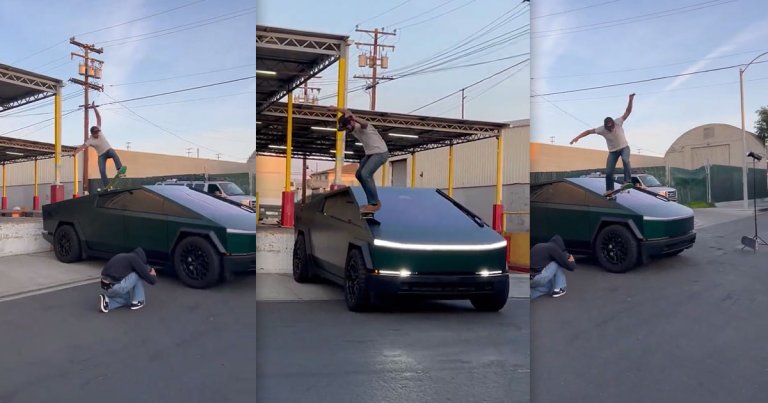 A video posted to social media by skateboarding magazine Thrasher shows pro skater Leo Romero ollying onto the roof of a Cybertruck.