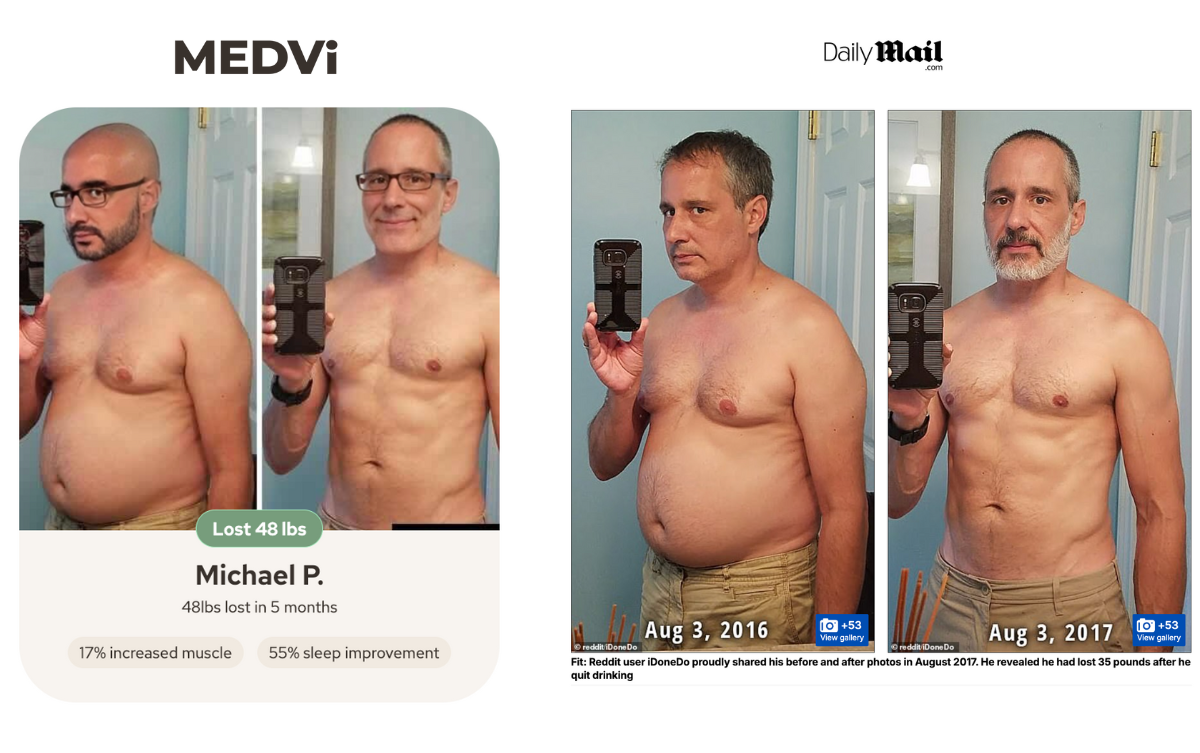 Two side-by-side images of an inspirational before-and-after weight loss journey. The images on the right is the original before-and-after; the ones on the left have been digitally altered to obscure the original poster's face.