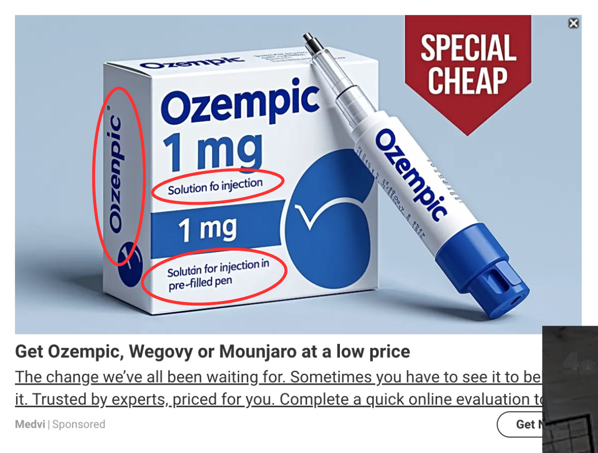 An ad promising to deliver GLP-1 drugs "Ozempic, Wegovy or Mounjaro" at a low price. The ad's image is of a clearly AI-generated box of Ozempic, which amounts to poor AI slop.