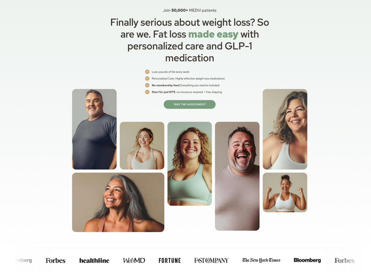 A collection of images of AI-generated men and women wearing trendy sports bras and T-shirts. Overhead, text reads that the website is marketing GLP-1 weight loss medications and personalized medical care, which it claims are effective and low-cost. Underneath the AI-generated picture are logos of news publishers including The New York Times, Bloomberg, Fortune, and others.