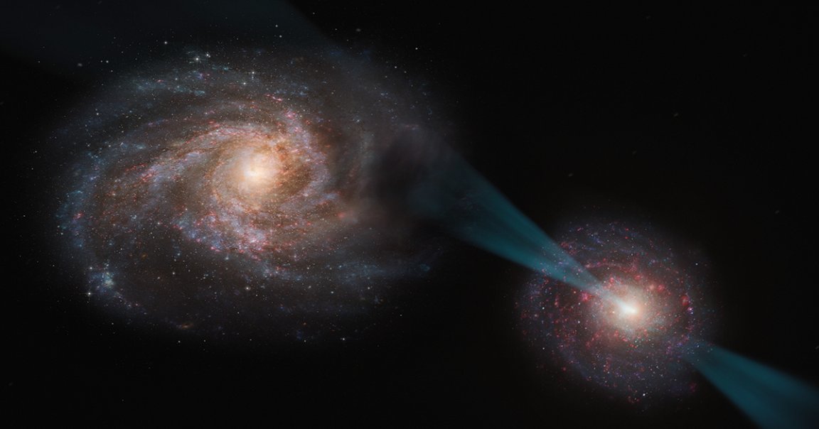 Astronomers have observed a quasar-powered galaxy lasering its opponent with a crippling beam of radiation.