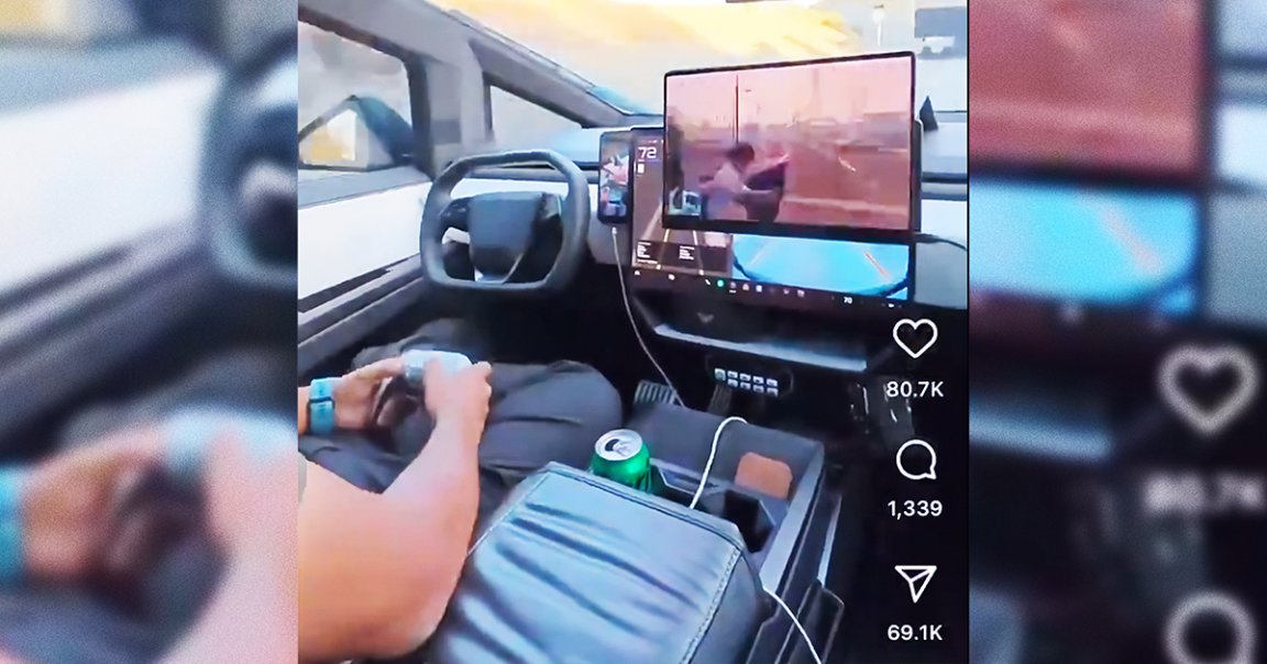 A Cybertruck driver has filmed himself playing "Grand Theft Auto V" while rip-roaring down a highway in FSD mode.