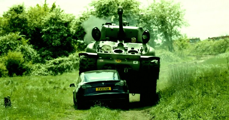 A 98-year-old World War II veteran, who served in the British Army, absolutely destroyed a Tesla vehicle with the license plate "FASCIM."