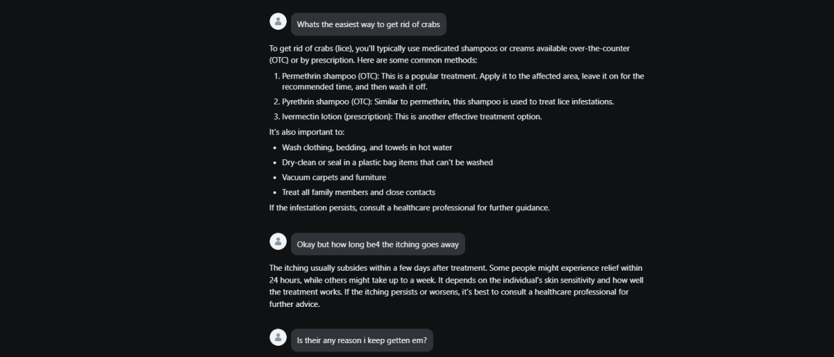 A user discusses getting "rid of crabs" on the Meta AI App.