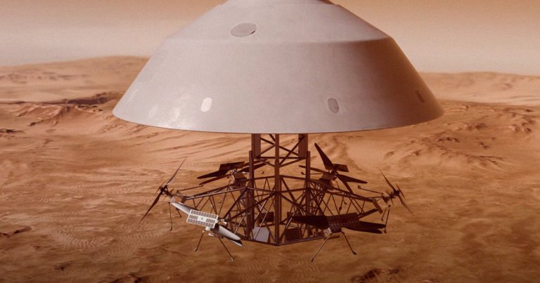 AeroVironment and NASA's JPL have shown off a wild concept for deploying six helicopters above the surface of Mars.