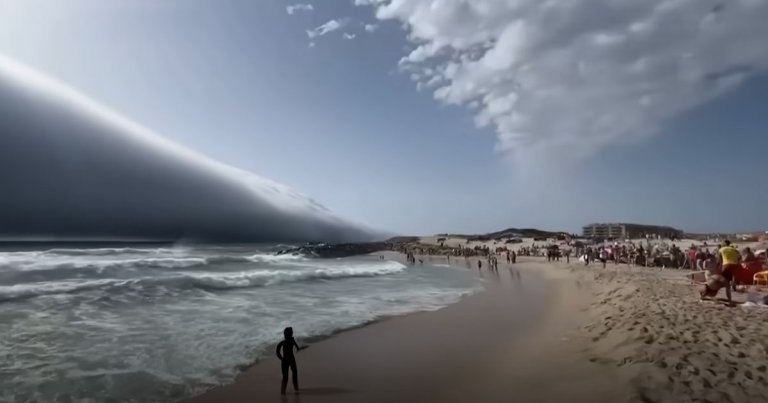 A viral video making the rounds on social media shows beachgoers in Portugal encountering an enormous, tsunami-like cloud rolling in.
