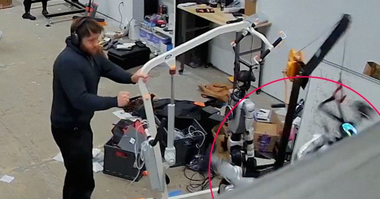 A video making the rounds on social media shows a humanoid robot flailing its arms and legs, seemingly trying to break free of a harness.