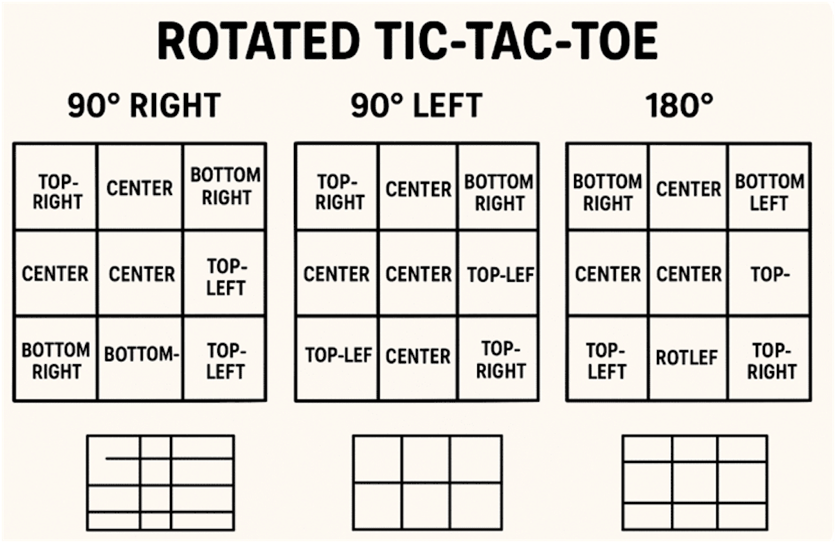 A ChatGPT-generated image showing how "rotated tic-tac-toe" works. Three charts show the grids rotated 90 degrees right, 90 degrees left, and 180 degrees. Many include typos like "top-lef" and "rot-left." Underneath, three empty and nonsensical graphs are also show.