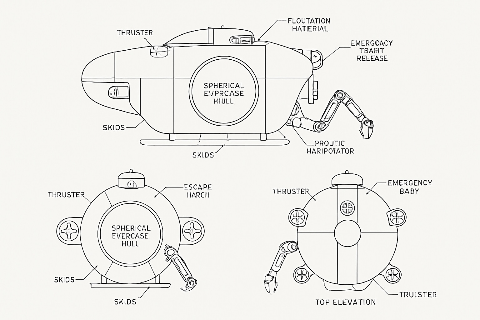 Diagram of three AI-generated submersible specifications, one viewed from the side, larger and wider, on top, and two viewed from front and back, respectively, on bottom. In often- garbled AI-hallucinated language, parts of the submersibles are named. These include the thruster, skids, "spherical evpercase hiull [sic]," "floutation haterial [sic]," "emergency tbaiht release [sic]," "proutic haripotator [sic]," "escape harch [sic]," and emergency baby. 