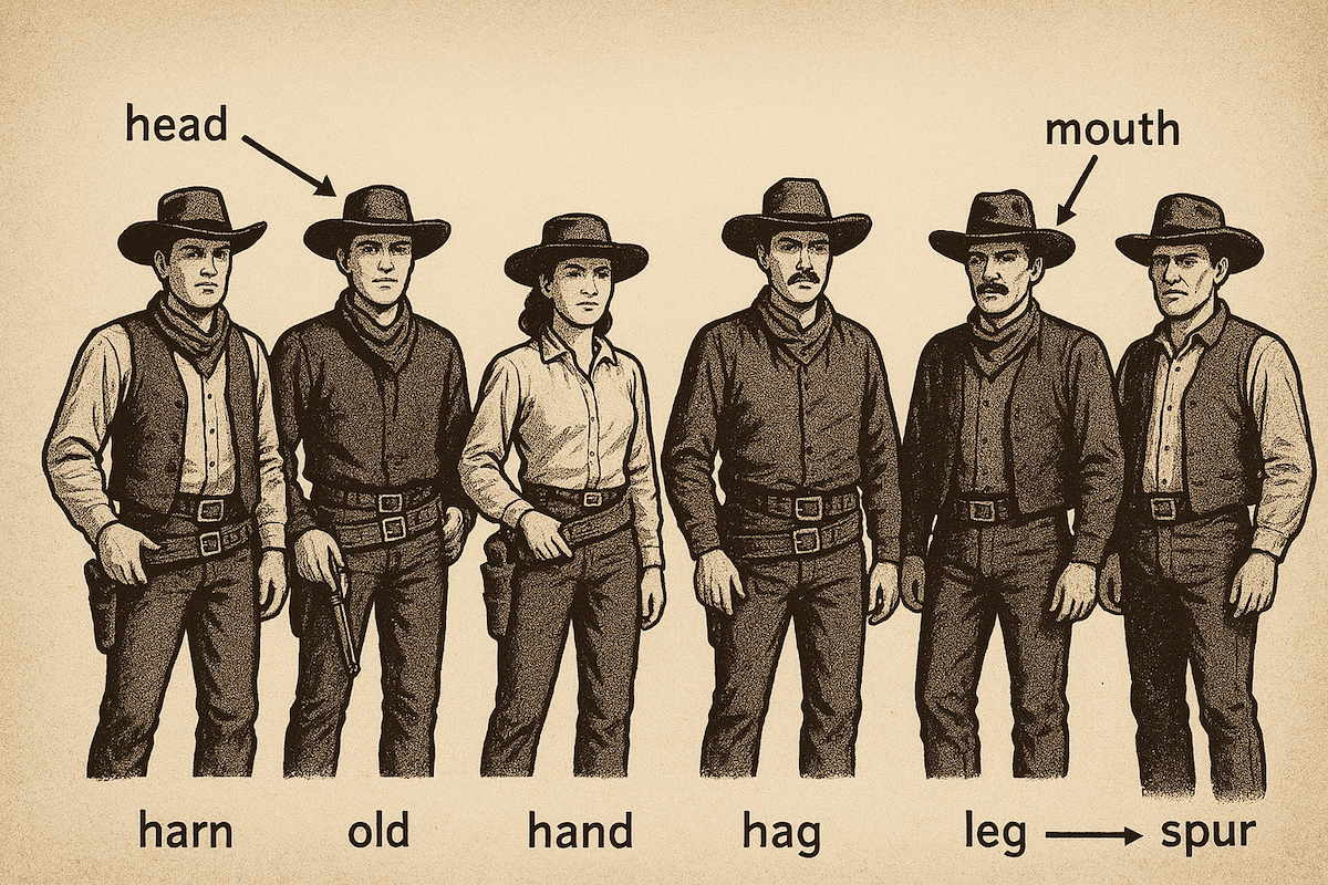 A bizarre GPT-5-generated image of a six-person cowboy posse with strangely-named body parts labeled. Up top, the second on the left cowboy's hat is labeled "head," while the second-to-last's hat is labeled "mouth." On bottom, each of the six gunslingers — two men, a woman, and three other men from left to right — have bizarre labels beneath them that read "harn, old, hand, hag, leg -> spur." Image via ChatGPT/Futurism.