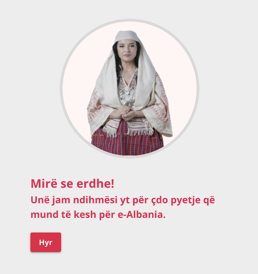 Diella, the AI avatar for e-Albania, the country's government service portal. The avatar's message, translated to English, reads: Welcome! I am your assistant for any question you may have about e-Albania. Image via e-Albania/screenshot.