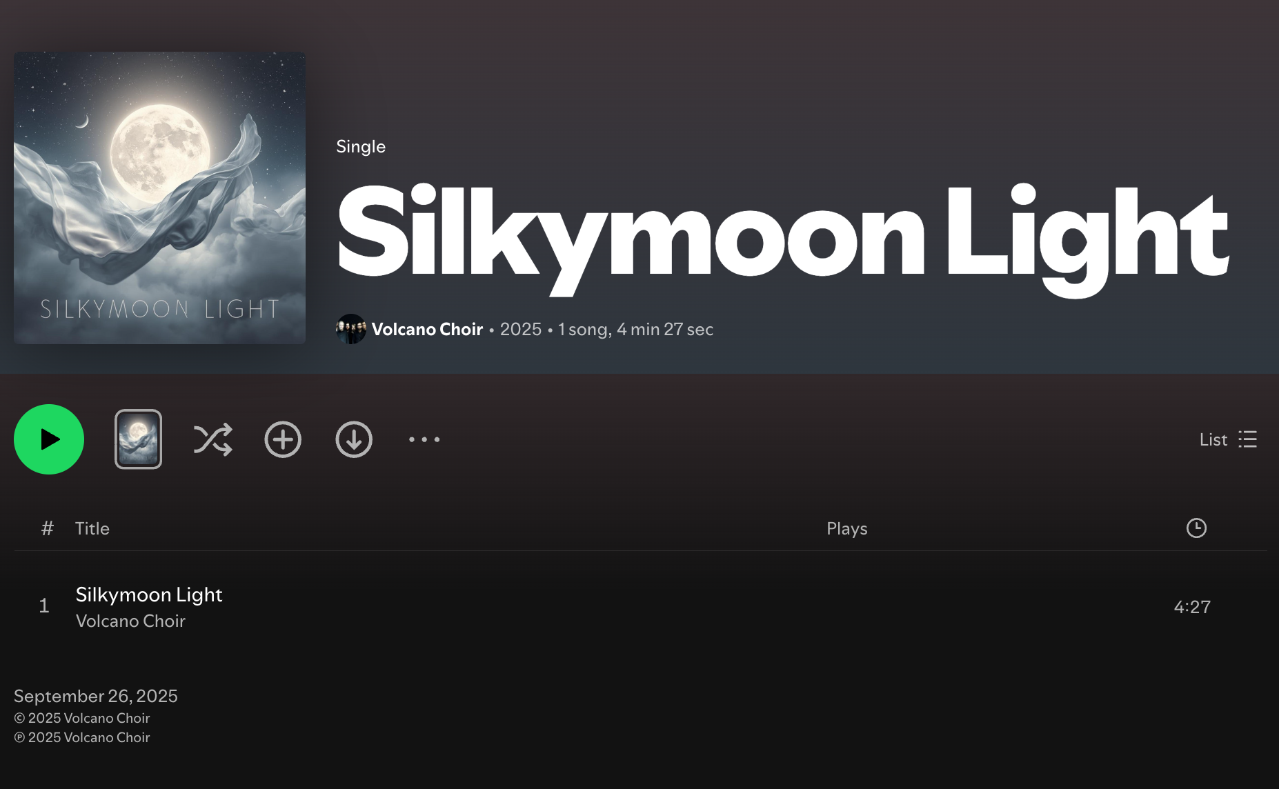 A screenshot of the single, titled "Silkymoon Light," on Spotify
