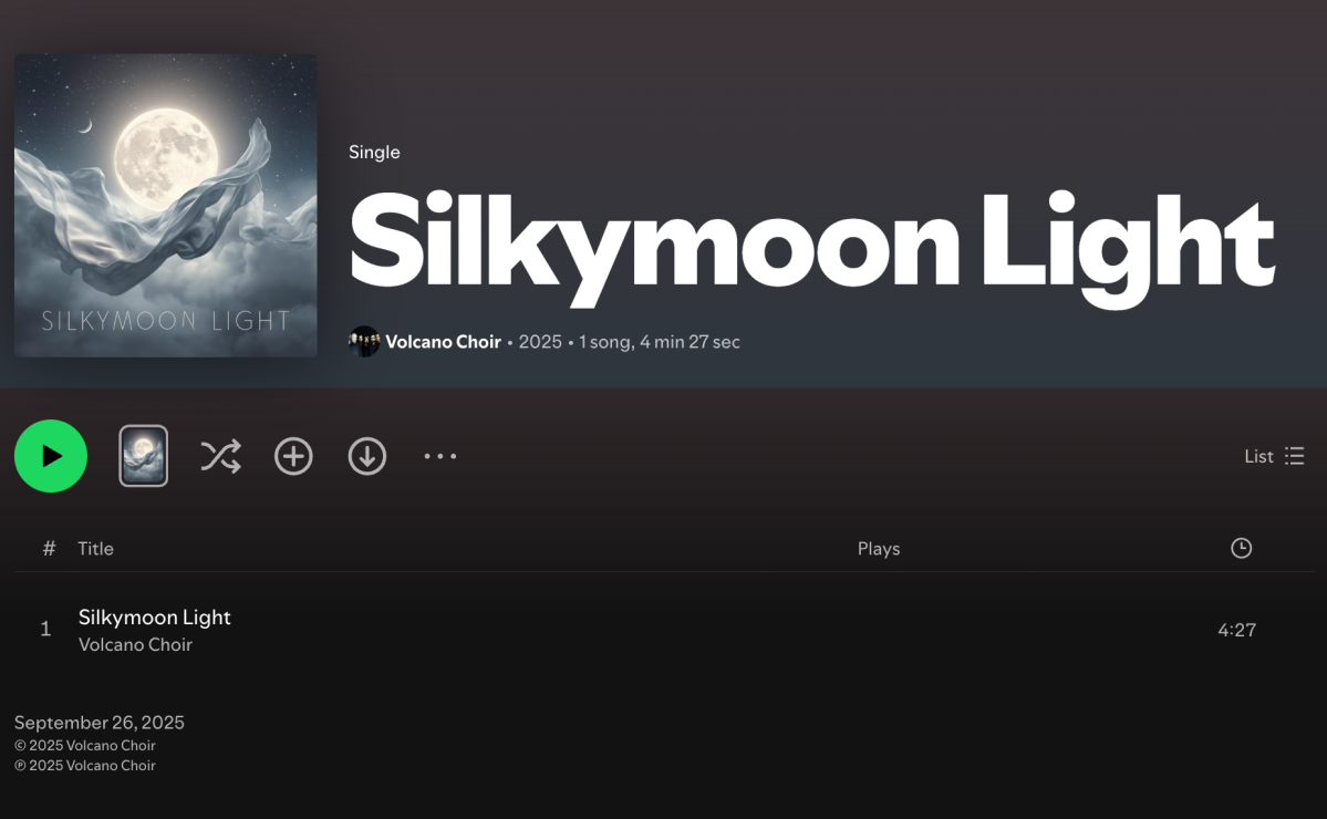 A screenshot of the single, titled "Silkymoon Light," on Spotify