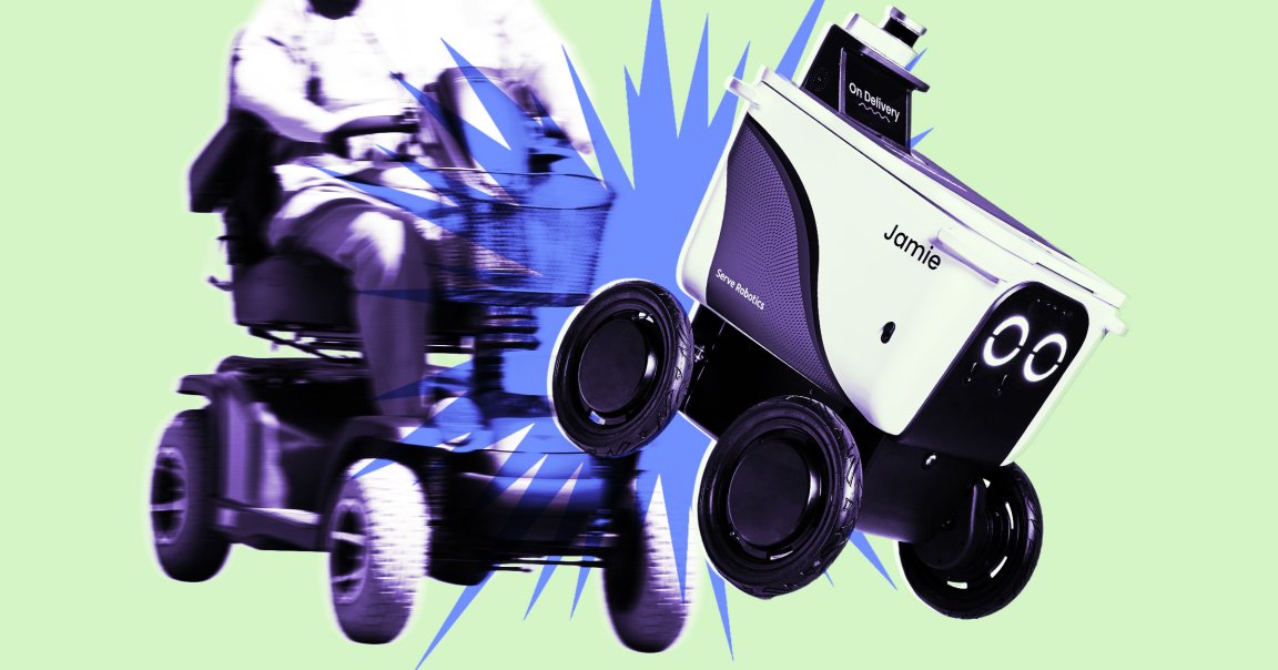 A viral video shows a delivery robot in Los Angeles brake checking and cutting off a man with cerebral palsy using a mobility scooter.