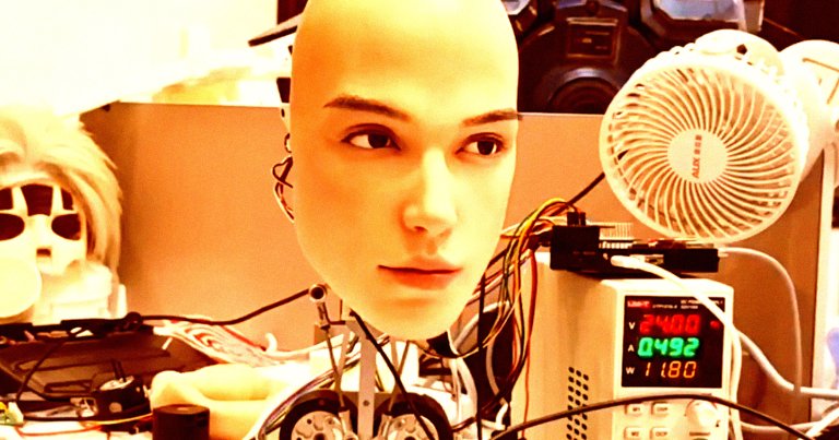 A video that has gone viral on social media shows a humanoid robot's face glancing around the room with a quizzical expression.