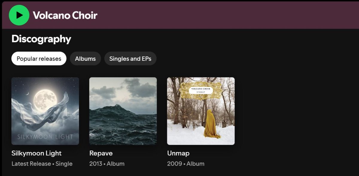 A screenshot of Volcano Choir's Spotify page, showing a suspicious single that appears to be AI-generated.