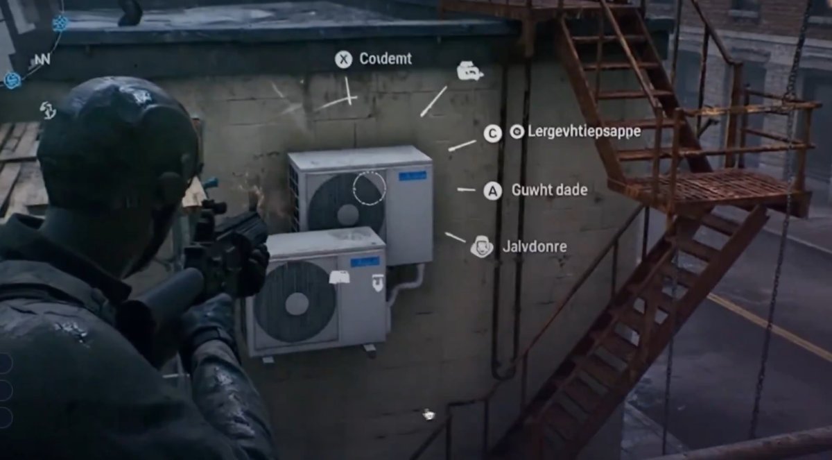 A screengrab of videogame footage generated by AI shows nonsense options and symbols.