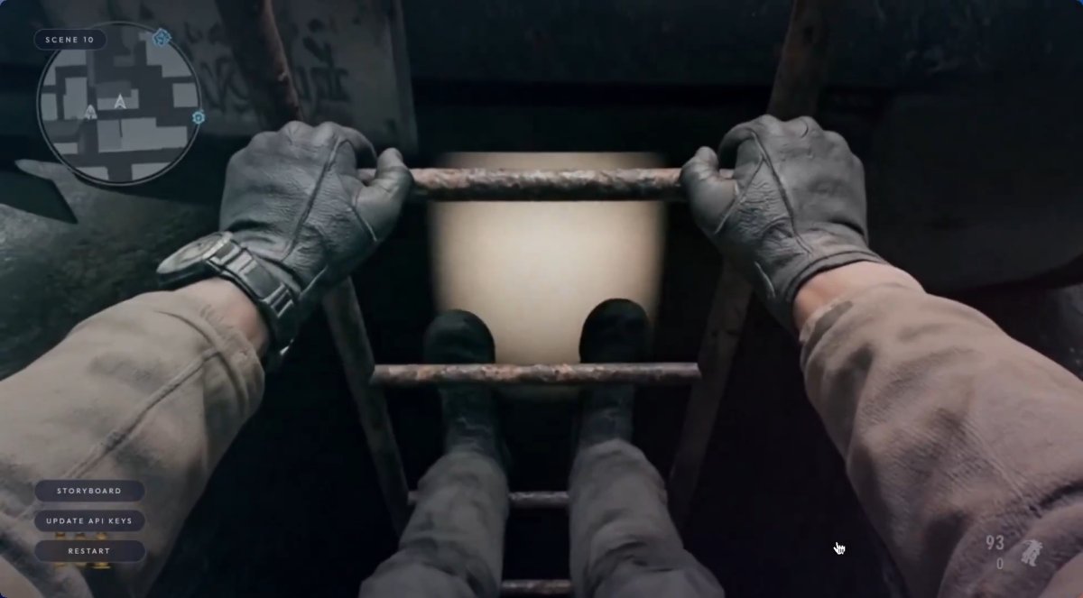 A screengrab of videogame footage generated by AI shows the player's legs stretched out on a ladder in an unrealistic way.