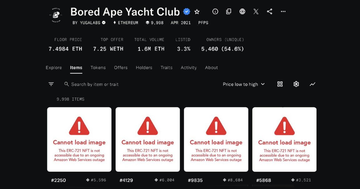 A major AWS outage threw the cryptocurrency community into chaos on Monday, taking down everybody's Bored Apes NFTs.