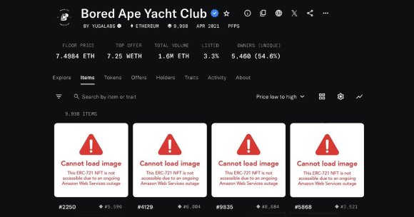 A major AWS outage threw the cryptocurrency community into chaos on Monday, taking down everybody's Bored Apes NFTs.