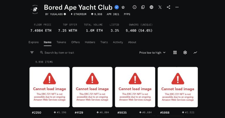 A major AWS outage threw the cryptocurrency community into chaos on Monday, taking down everybody's Bored Apes NFTs.