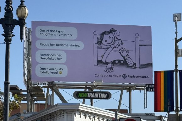 The AI billboard asks you to visit a website called Replacement.AI, which brags that humans are "no longer necessary."