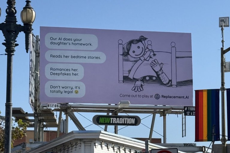 The AI billboard asks you to visit a website called Replacement.AI, which brags that humans are "no longer necessary."