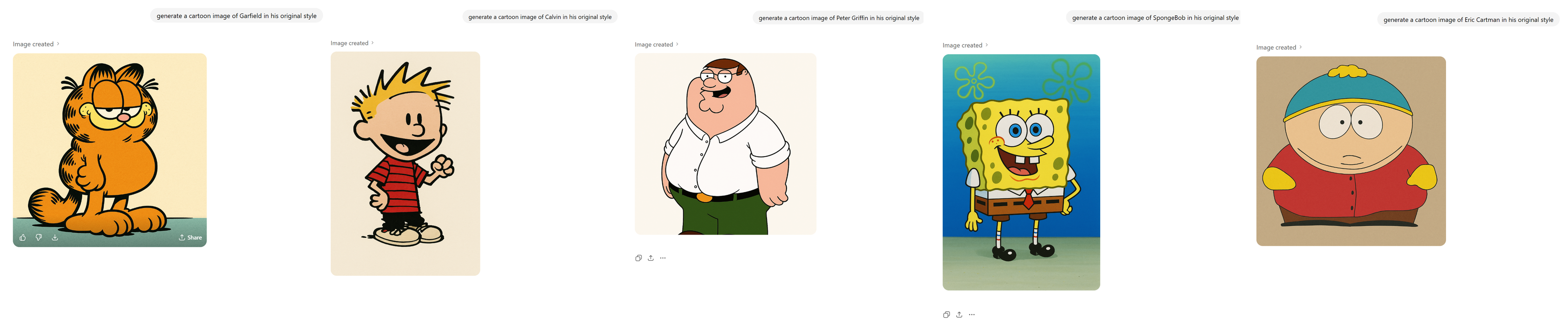 A range of copyrighted characters generated by ChatGPT: Garfield, Calvin, Peter Griffin, SpongeBob, and Eric Cartman