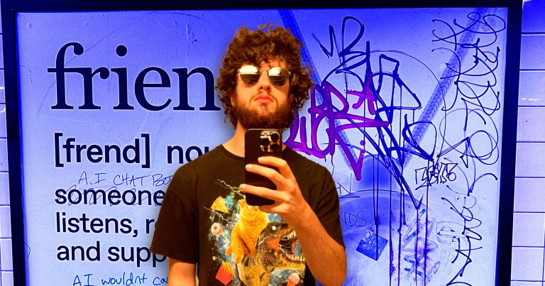 Friend's 22-year-old CEO Avi Schiffmann posed for a photoshoot in front of his startup's defaced ads, relishing in the attention.