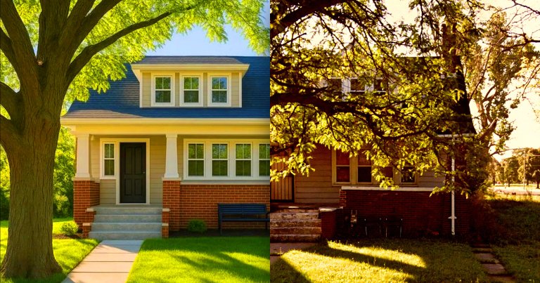 A horribly mangled AI rendition of a rental house on Zillow shows a two-story building in a far-too-flattering light.