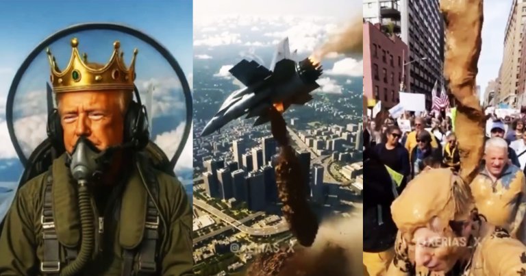 President Trump posted an AI-generated video of himself crap-bombing protestors on the same day as the "No Kings" protests.
