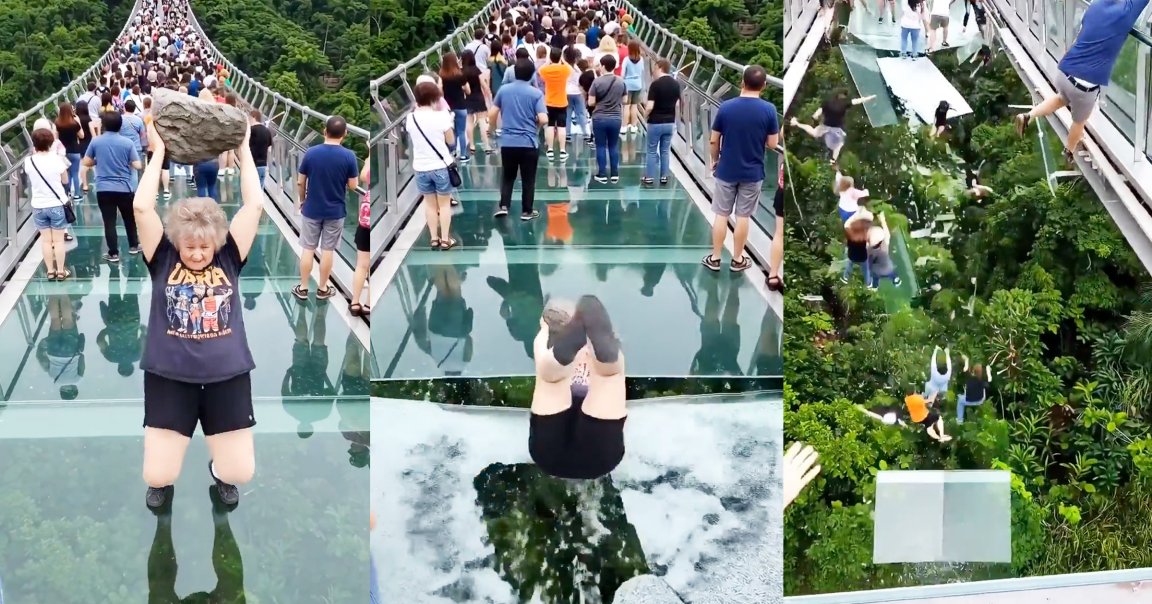 There are dozens of variations on this theme, usually showing an elderly woman smashing a glass bridge with a large rock.