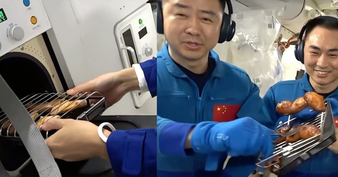 Viral videos show Chinese astronauts enjoying a meal of roasted wings and steaks aboard the Tiangong space station.