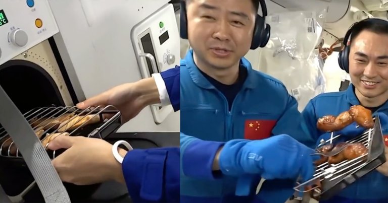Viral videos show Chinese astronauts enjoying a meal of roasted wings and steaks aboard the Tiangong space station.