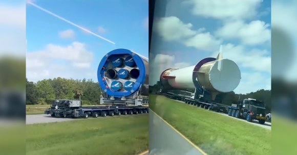 Viral footage shows a huge Blue Origin rocket trundling down the highway, showcasing its mind-boggling scale.