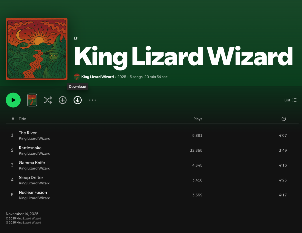 A screenshot of the fake band, "King Lizard Wizard," on Spotify.