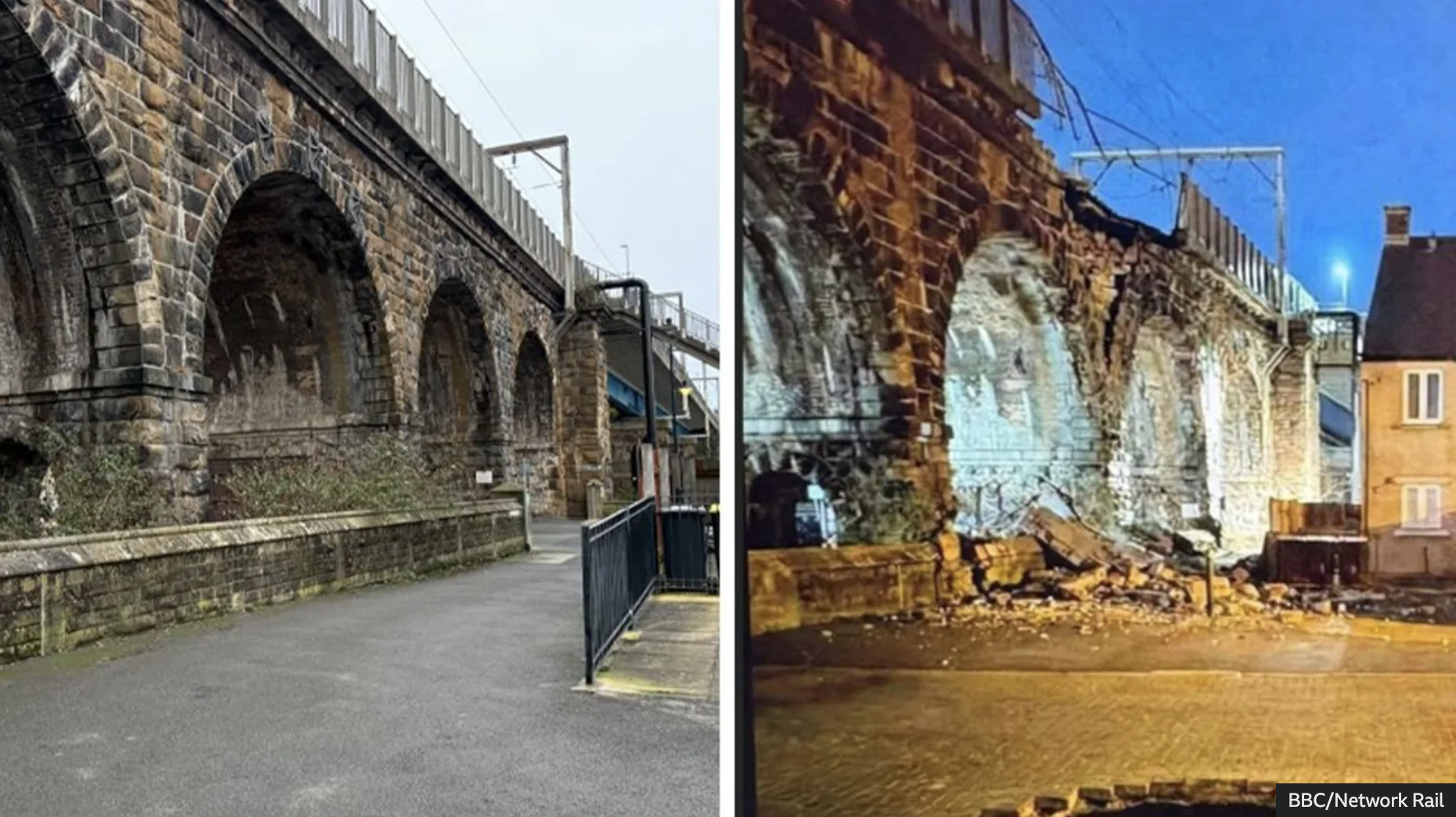 Two side by side images of the Carlisle Bridge from the same point of view. A real image on the left shows no damage. An AI-generated image on the right shows extensive damage to the foundation, brick supports, and deck.