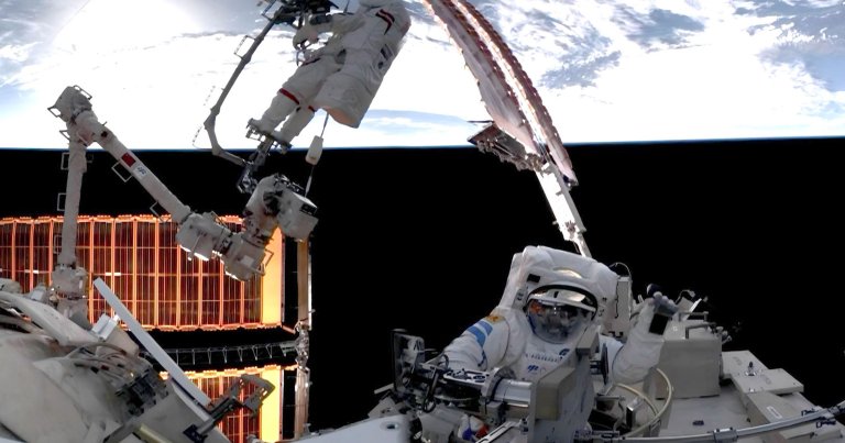 Chinese astronauts clambered outside the company's space station to inspect damage to one of its spacecraft.