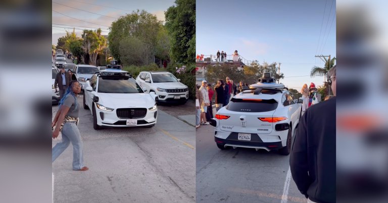 A self-driving Waymo wound up petrified when it went face-to-face with pedestrians at an annual holiday celebration in Los Angeles.