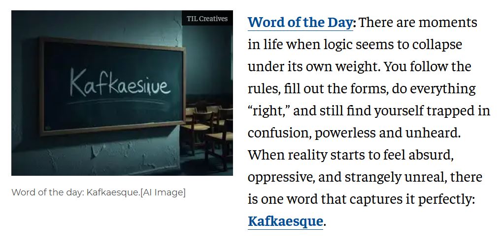 Screenshot of the Economic Times "word of the day" for the word "Kafkaesque," in which an AI-generated image misspells the word "Kafkaesiue."